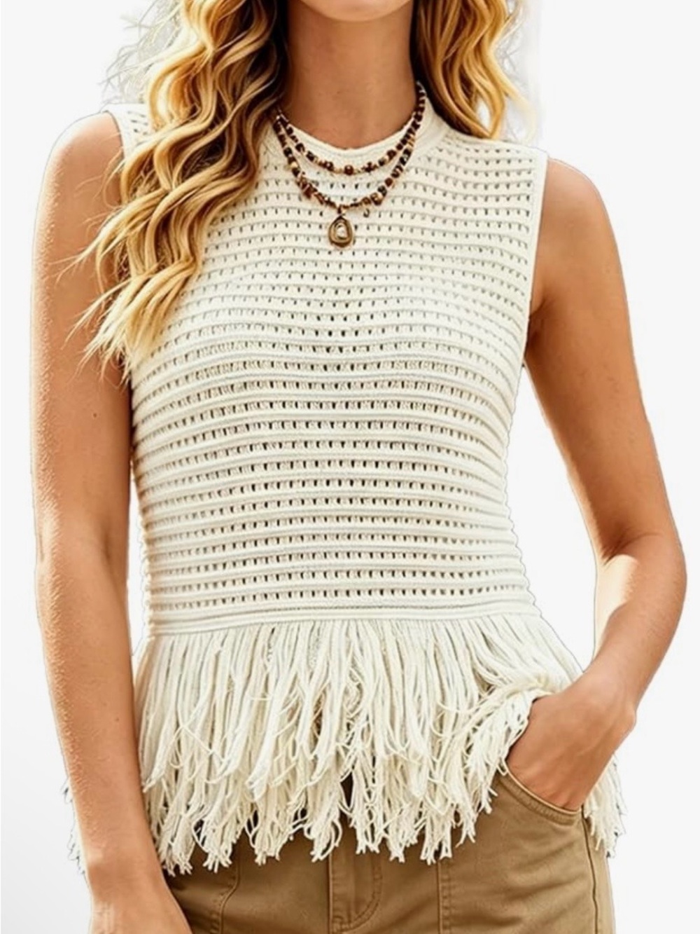 Amazon Cream Sleeveless Crochet Fringe Knit Top